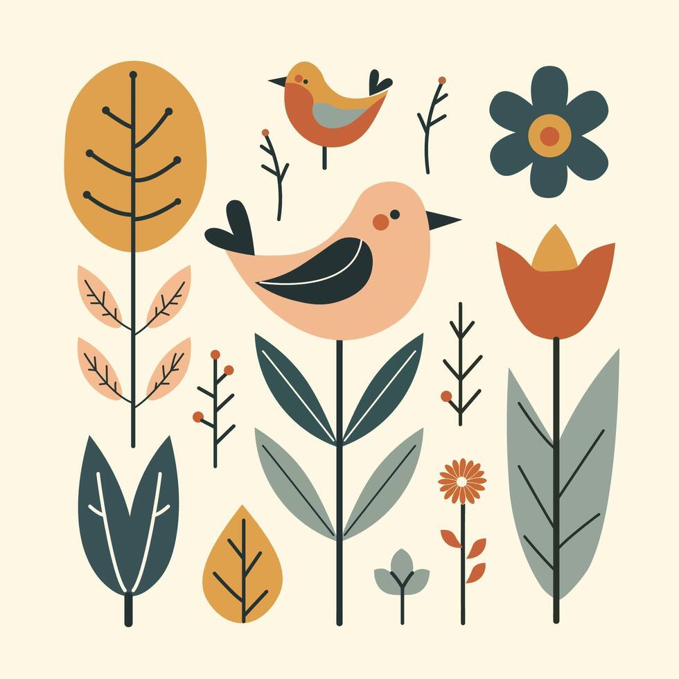 A cute flower and bird in Scandinavian style vector