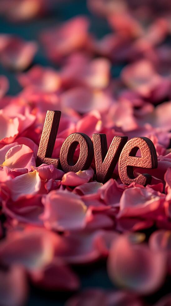Love Word on Rose Petals Background Valentine's Day Concept photo