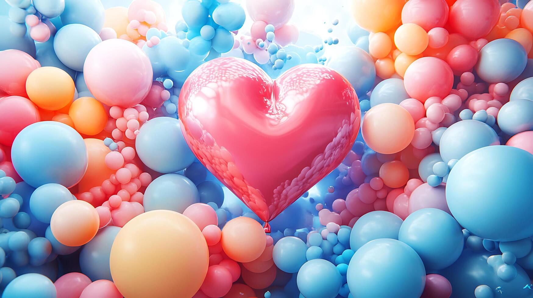3D Rendering of Red Heart in Blue and Orange Balloons Background photo