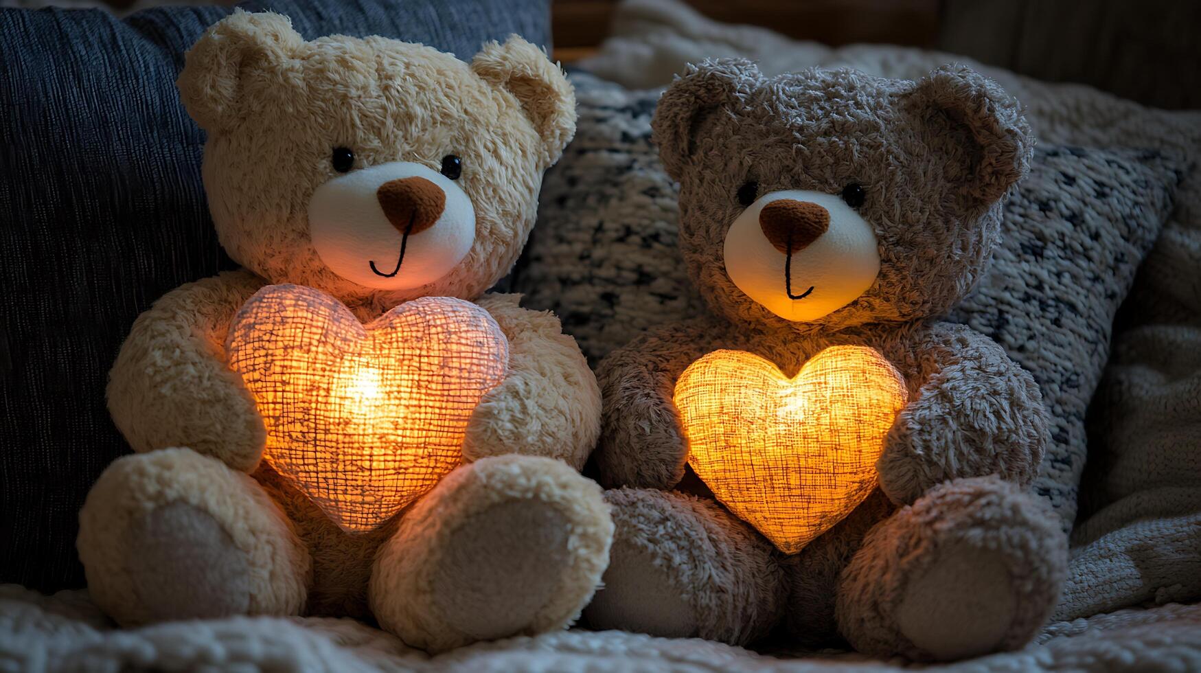 Two Teddy Bears with Heart Shaped Lighted Candles on the Bed photo