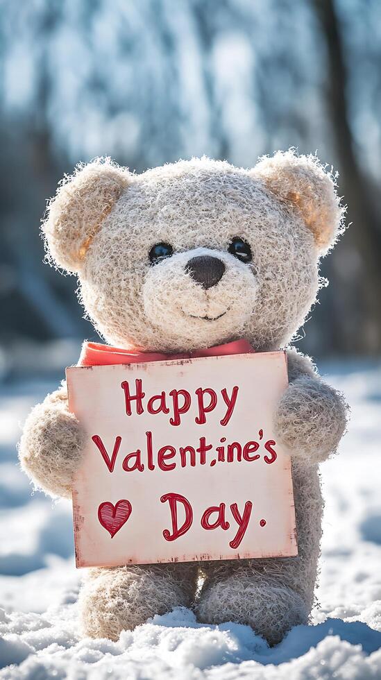 Cute Teddy Bear Holding Card with Happy Valentine's Day Text on Snowy Background photo