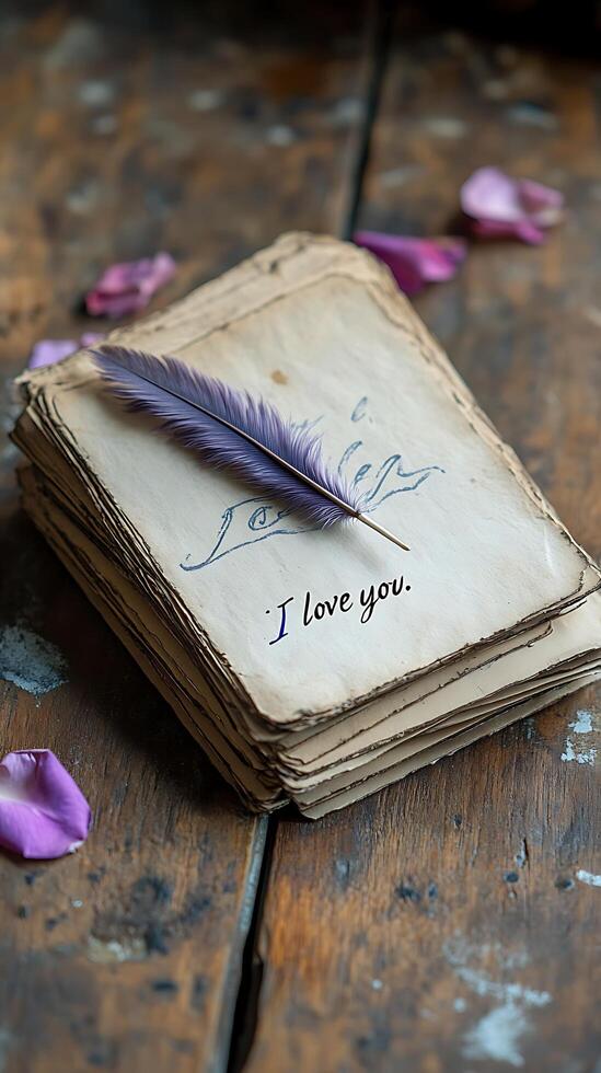 Old Book with Feather and Text I Love You on a Wooden Background photo