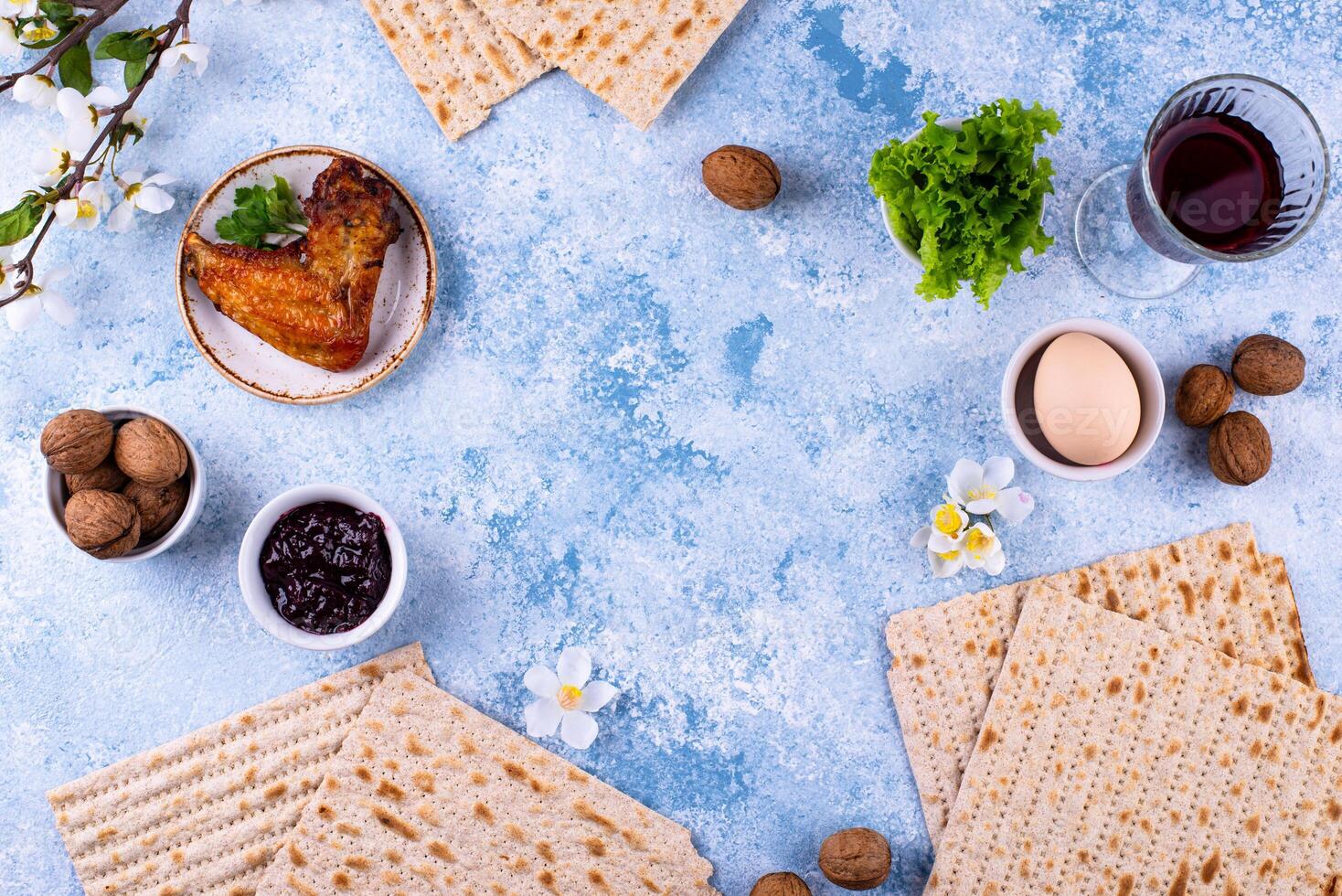 Traditional Passover Seder plate with symbolic foods. Symbolic of Jewish holiday Pesah. photo