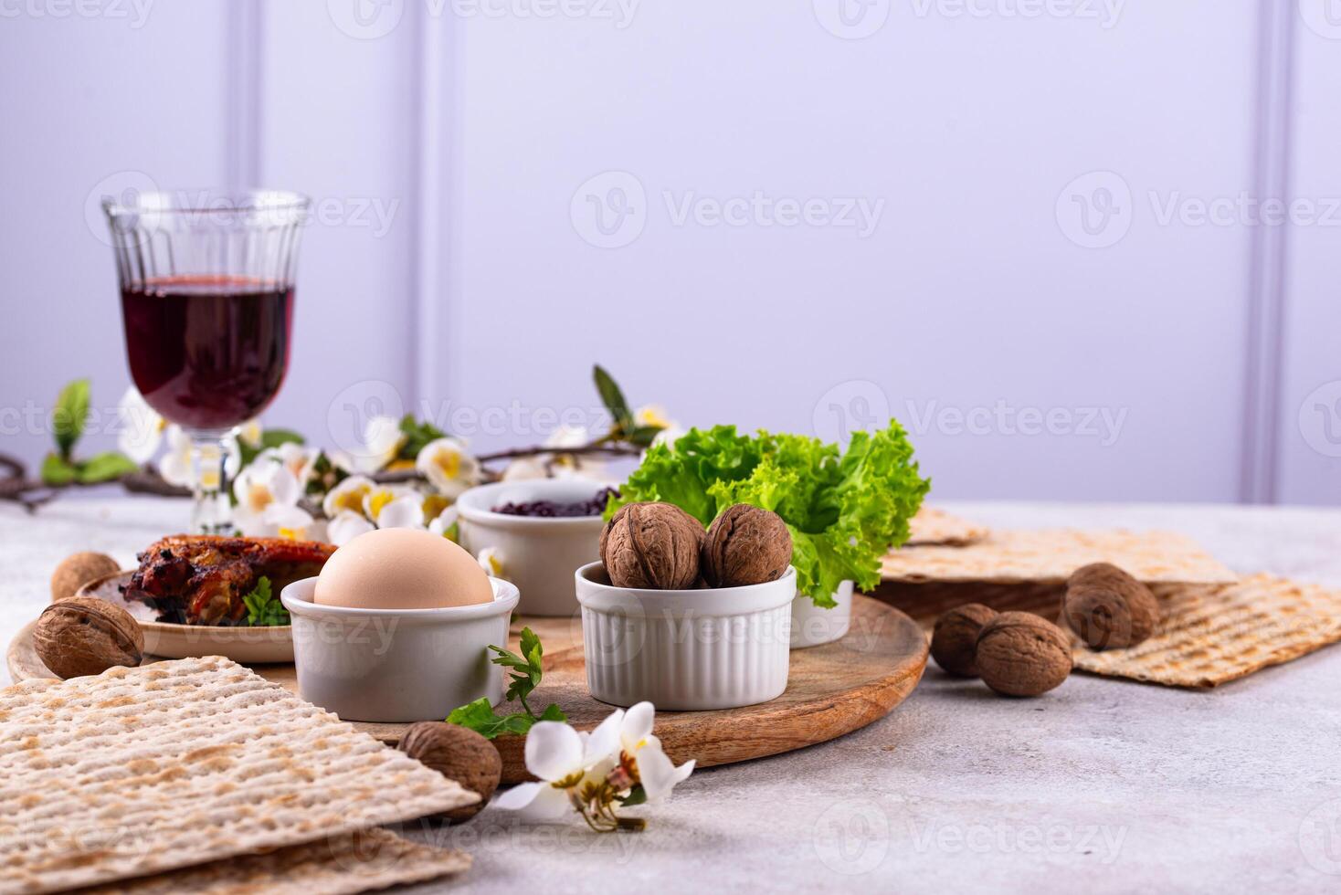 Traditional Passover Seder plate with symbolic foods. Symbolic of Jewish holiday Pesah. photo