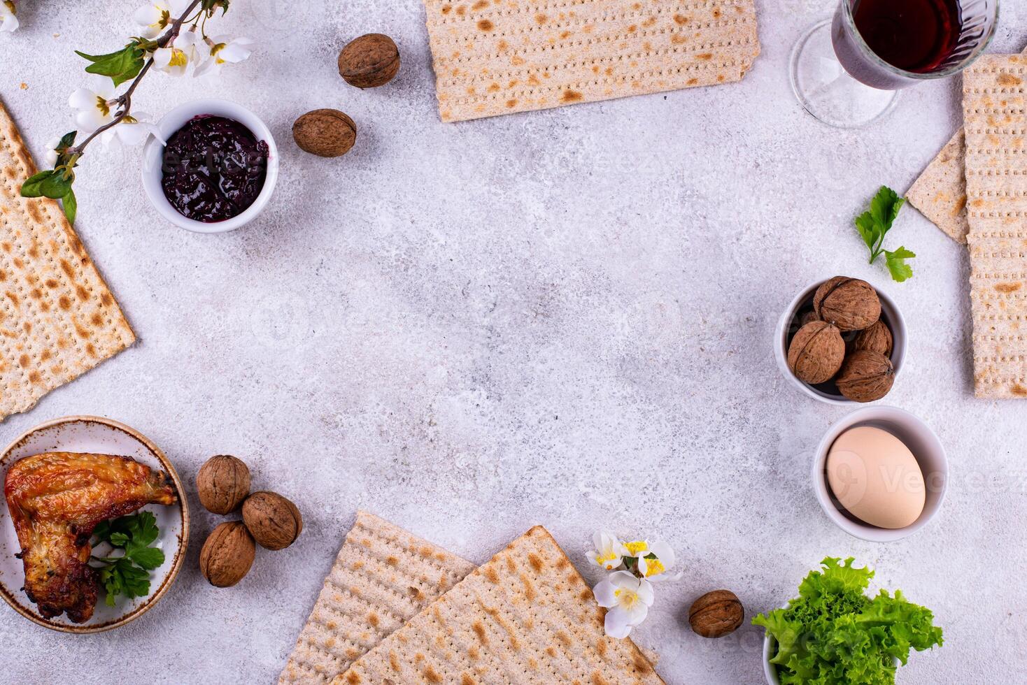 Traditional Passover Seder plate with symbolic foods. Symbolic of Jewish holiday Pesah. photo
