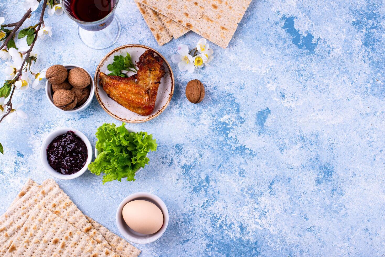 Traditional Passover Seder plate with symbolic foods. Symbolic of Jewish holiday Pesah. photo