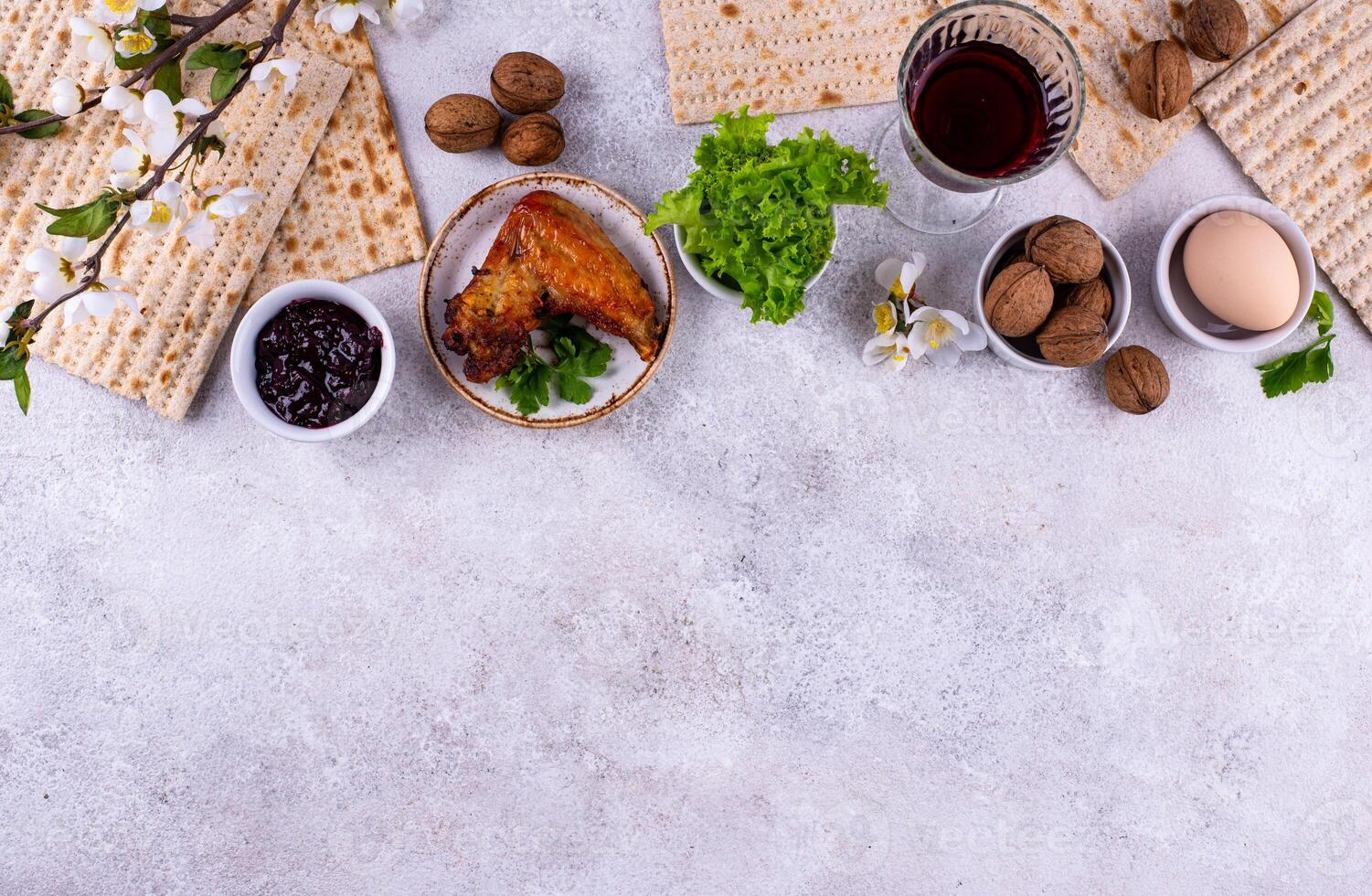 Traditional Passover Seder plate with symbolic foods. Symbolic of Jewish holiday Pesah. photo