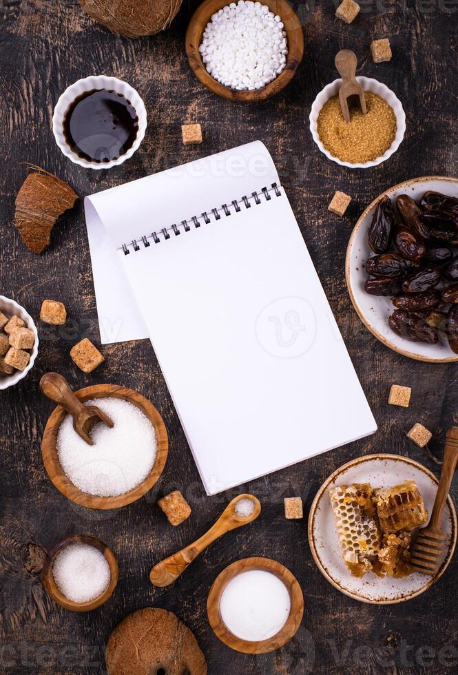 Various sugar replacement, healthy sweetener concept photo