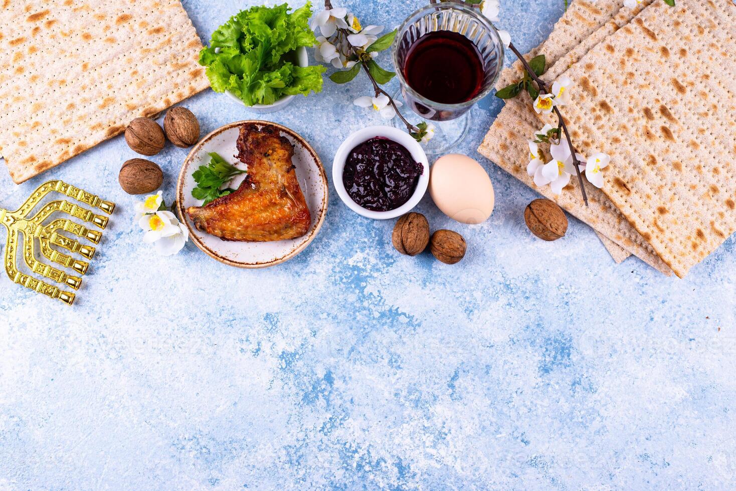 Traditional Passover Seder plate with symbolic foods. Symbolic of Jewish holiday Pesah. photo