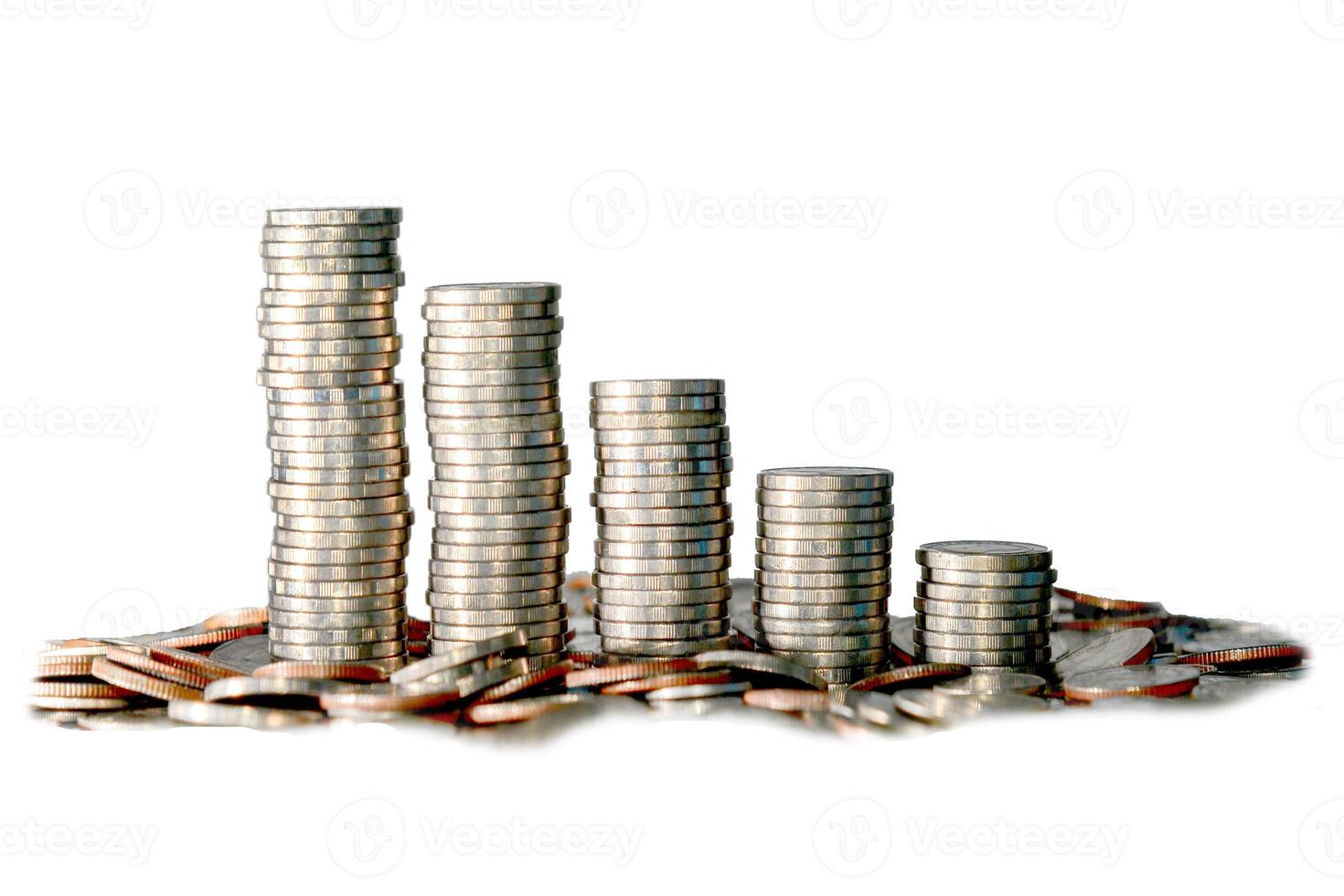Stacks of Coins Increasing in Height Representing Financial Growth and Economic Success on a White Background photo