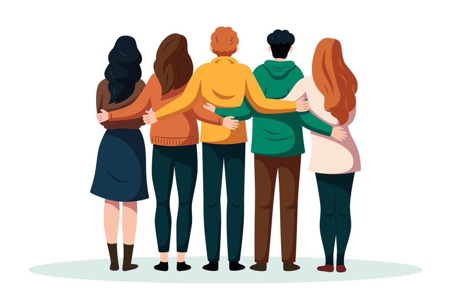 Group of friends, man and woman standing hugging each other with friendship and love, teamwork, aiming for success concept. vector