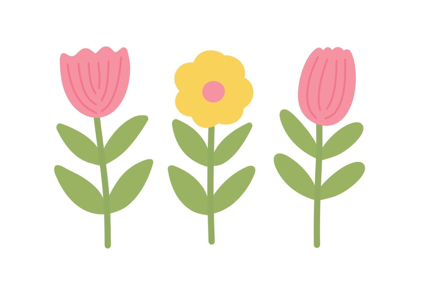 Three simple spring flowers doodle illustration in naive Scandi hand drawn graphic style. Mininalist floral clipart for Easter, spring, summer, garden designs vector