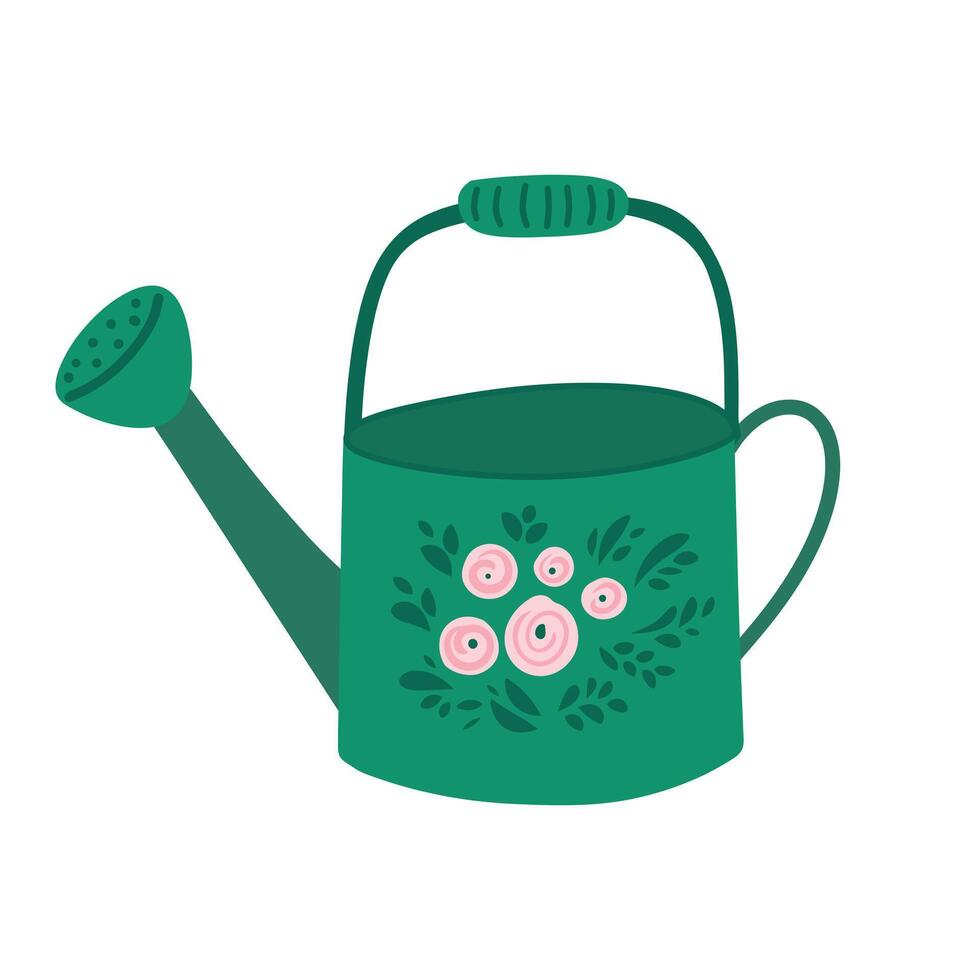 Hand drawn watering can with flower ornament. Simple doodle illustration in naive childish style isolated on white background. Easter, spring, garden design clipart element vector