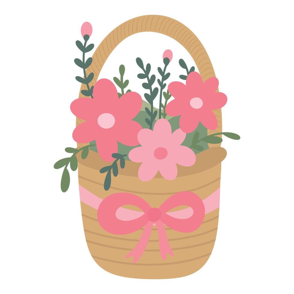 Cute Easter spring hand drawn basket with flowers with a coquette ribbon bow. Simple illustration Scandi style isolated on a white background vector