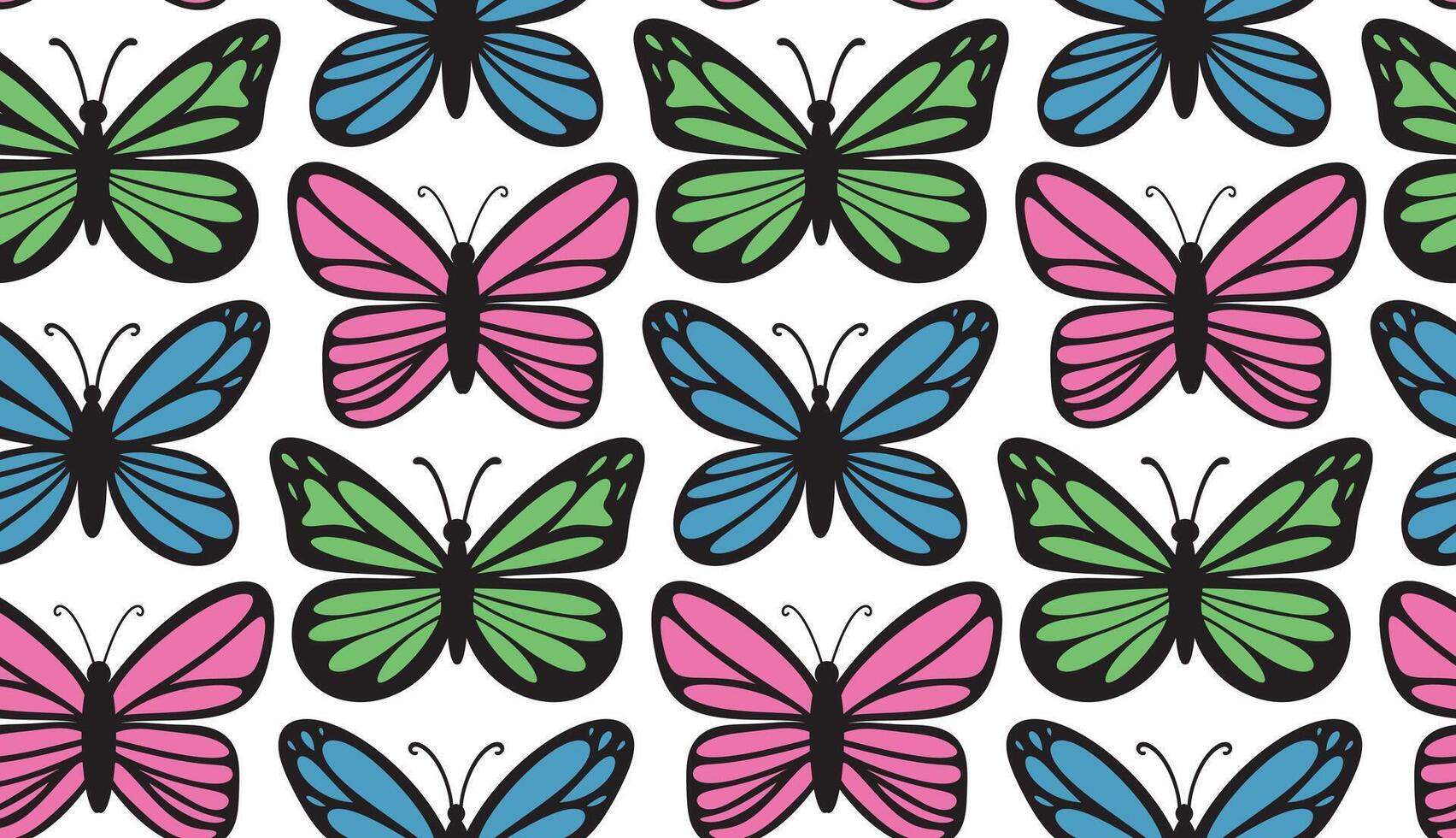Simple hand drawn seamless pattern background with colorful butterflies on white backdrop. Cute bright spring Easter print vector