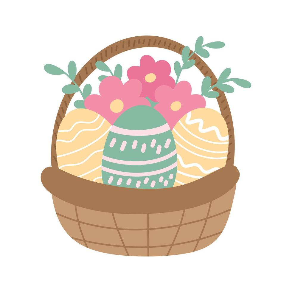 Cute Easter spring hand drawn basket with flowers and ornate colored Easter eggs. Simple hand drawn illustration isolated on white background vector