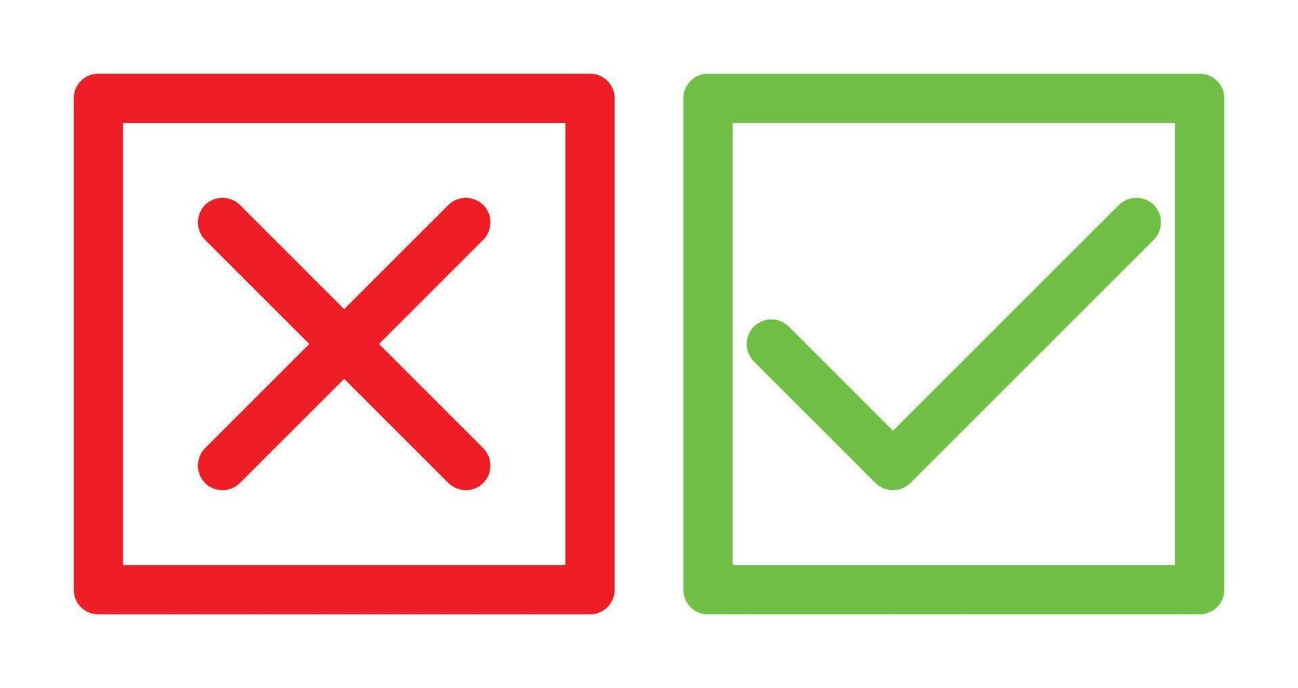 green tick and red x in square, OK check mark and X cross icon symbol, illustration isolated on a white background vector