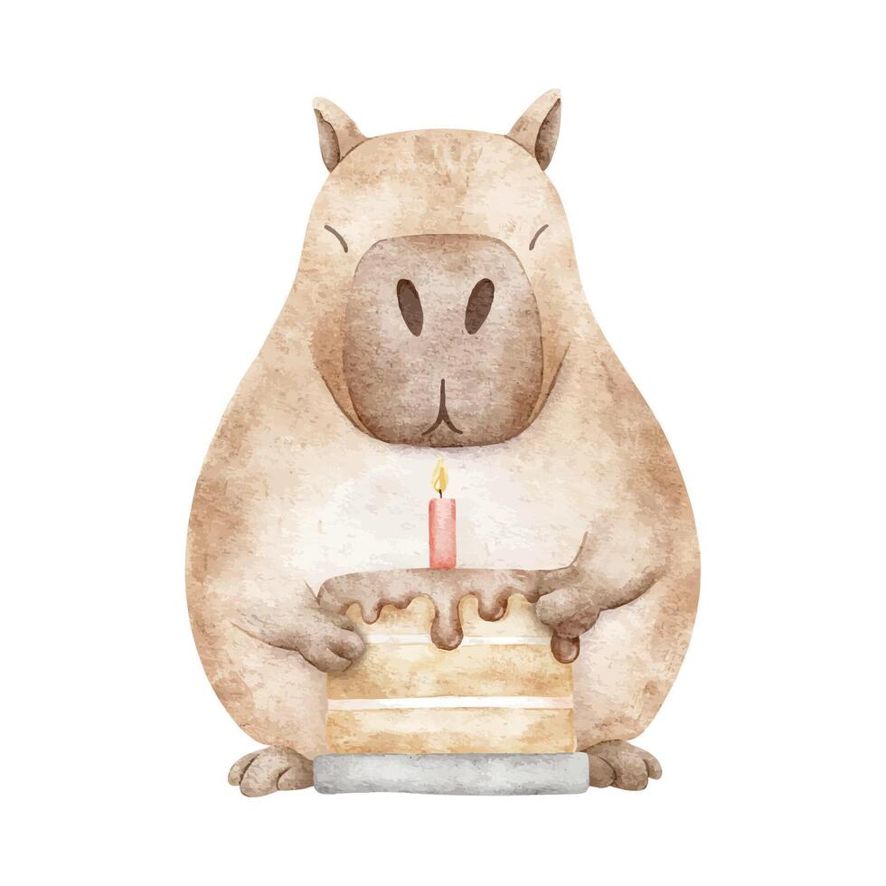 Capybara holding cake with candle. Birthday celebration concepts featuring fluffy rodent. Hand drawn watercolor illustration of guinea pig for birthday cards, posters and product packaging. vector