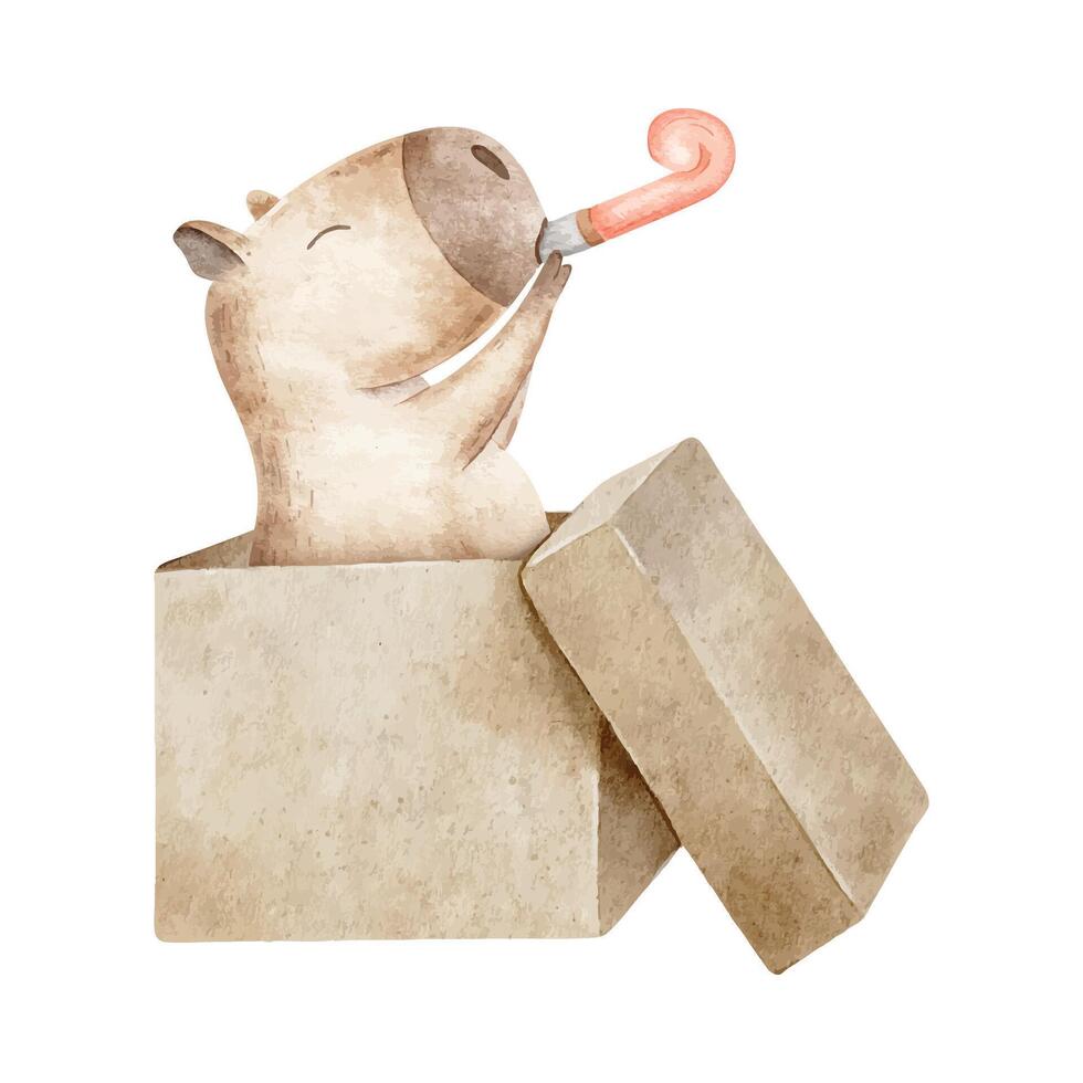 Capybara with red party whistle jumps out of gift box. Hand drawn watercolor illustration of rodent animal. Celebration concepts of guinea pig for birthday card, congratulation, poster, party decor. vector