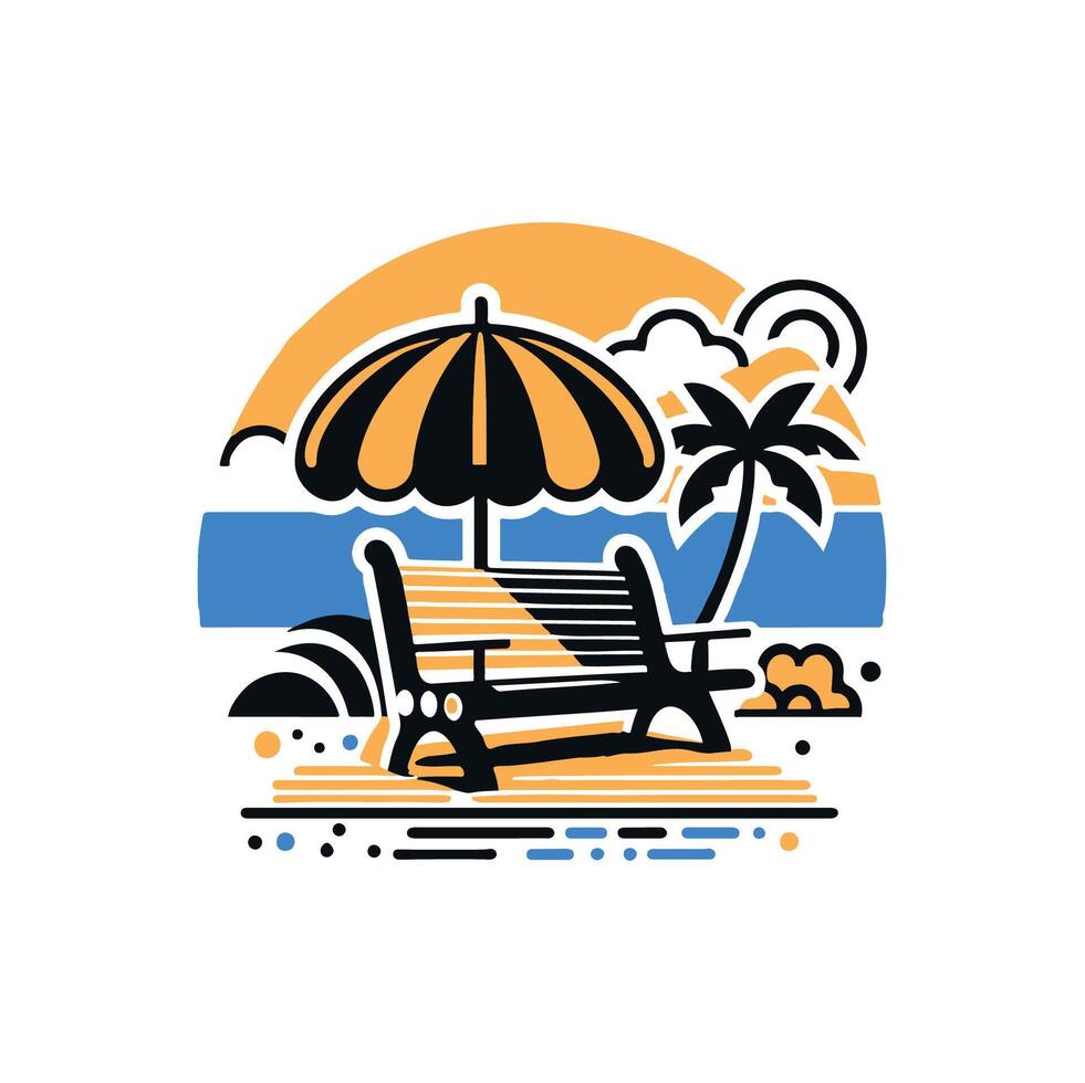 Beach umbrella and bench on the beach illustration vector