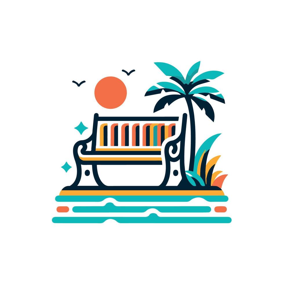 A bench with palm trees and a sun in the background vector