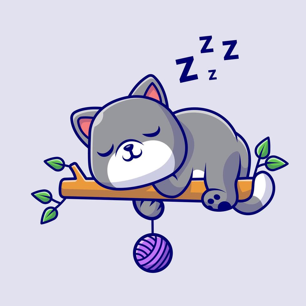 Cute Cat Sleeping On Tree With Wool Ball Cartoon vector