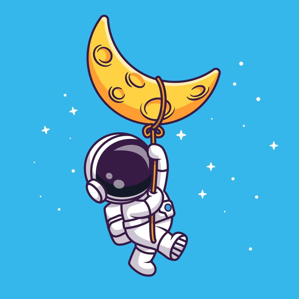 Cute Astronaut Hanging On Moon With Rope Cartoon vector