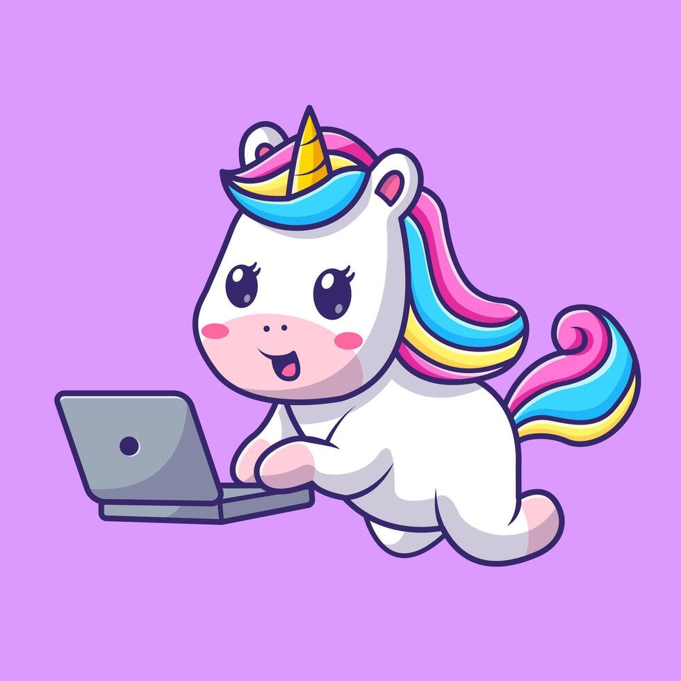 Cute Unicorn Working On Laptop Cartoon vector