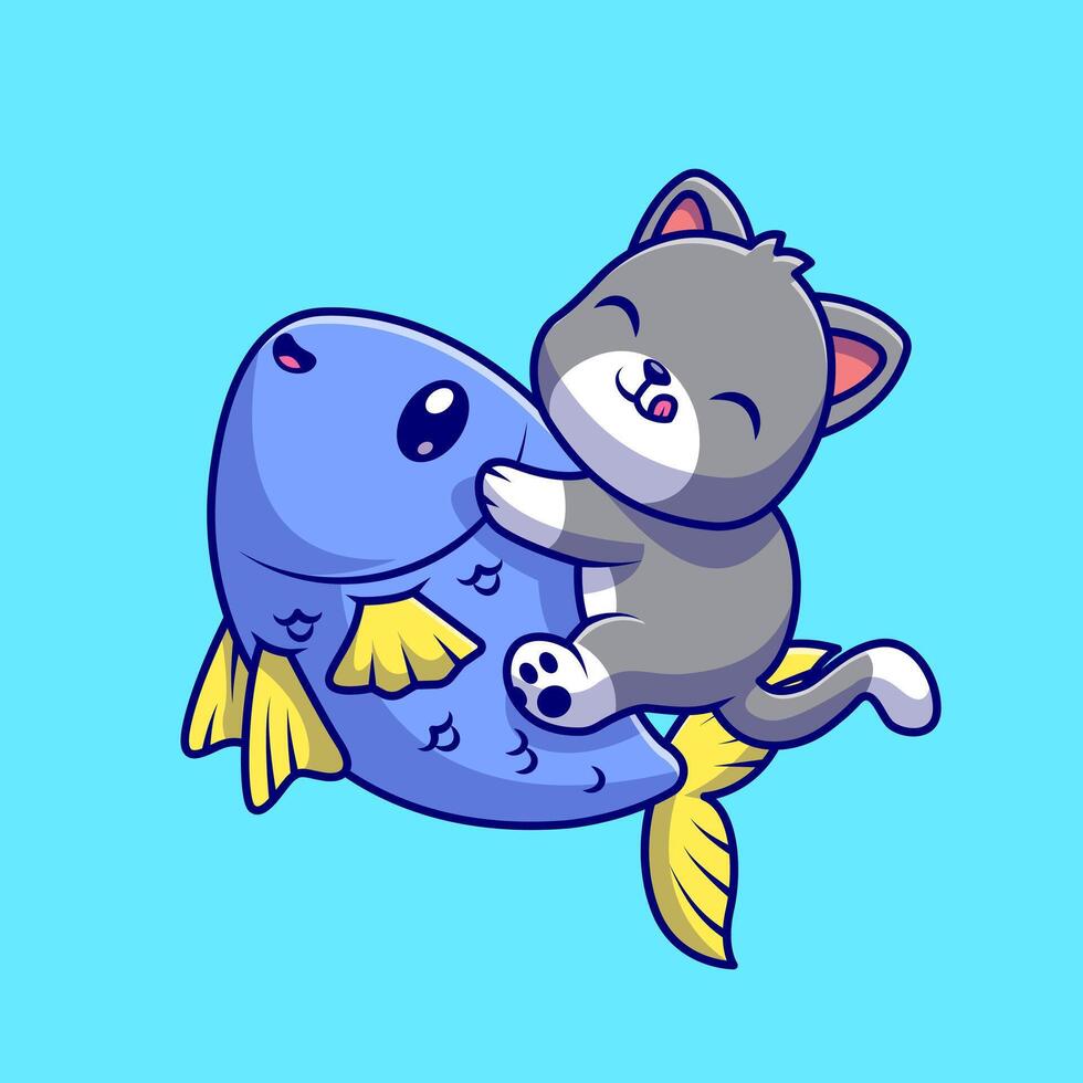 Cute Cat Riding Fish Cartoon vector