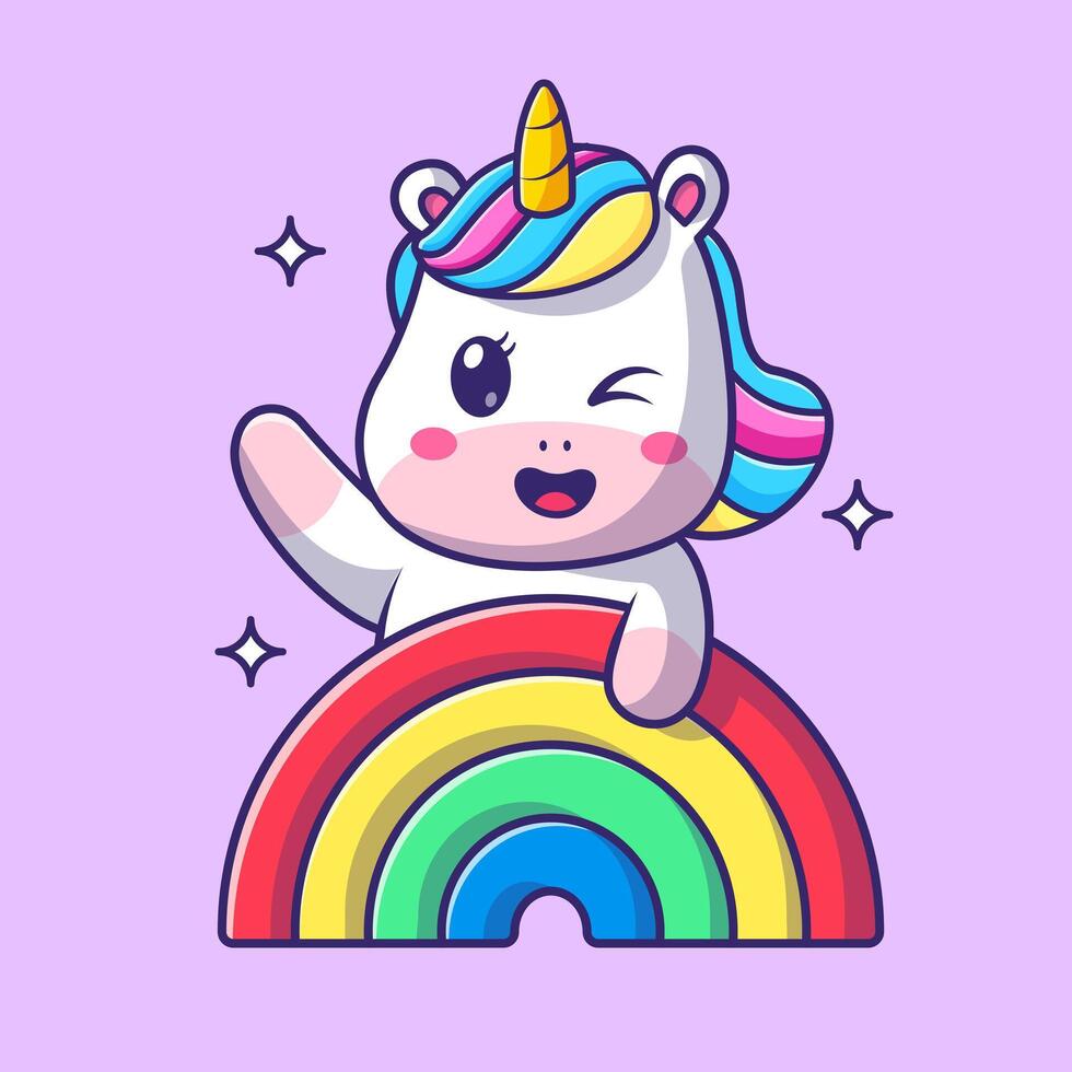 Cute Unicorn Waving Hand On Rainbow Cartoon vector