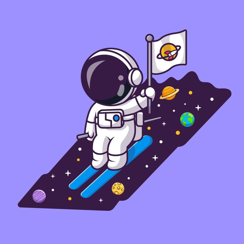 Cute Astronaut Playing Ski Space with Flag Cartoon vector