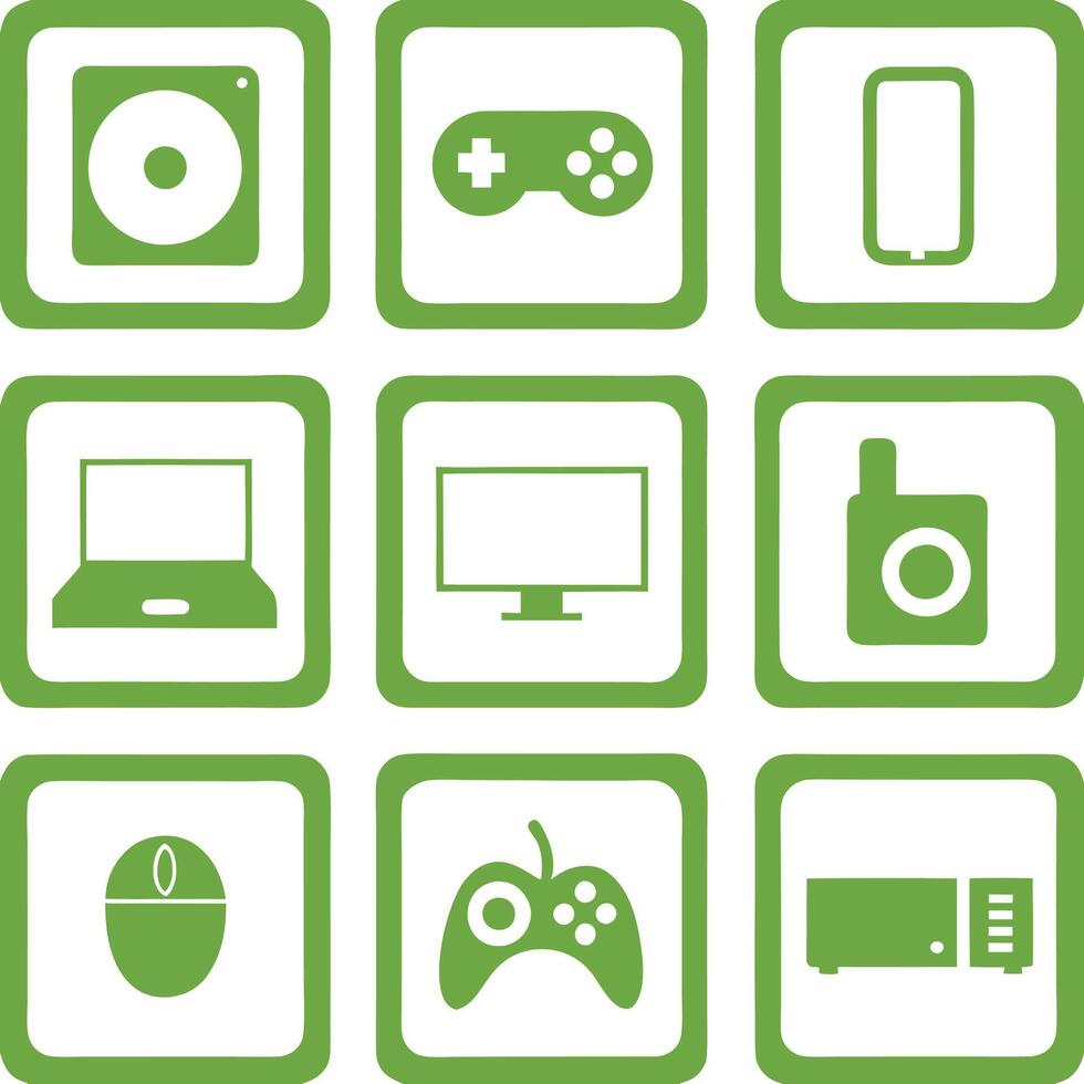 Minimalist Technology Icons in Green and White. vector
