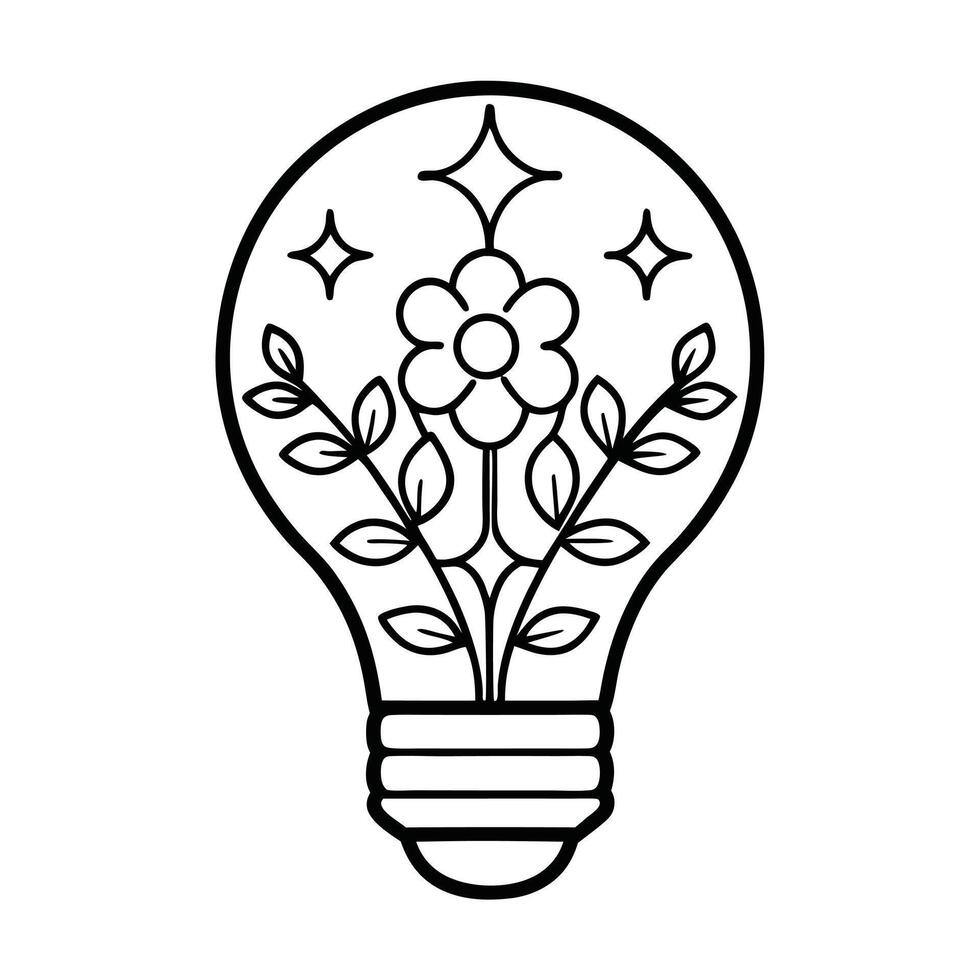Light Bulb Black And White Icon with Floral Elements. vector