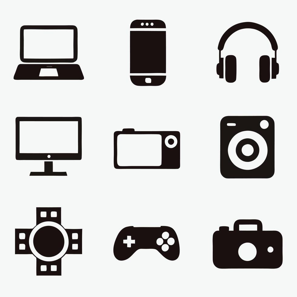 Black And White Icons Technology Symbols For Electronics. vector