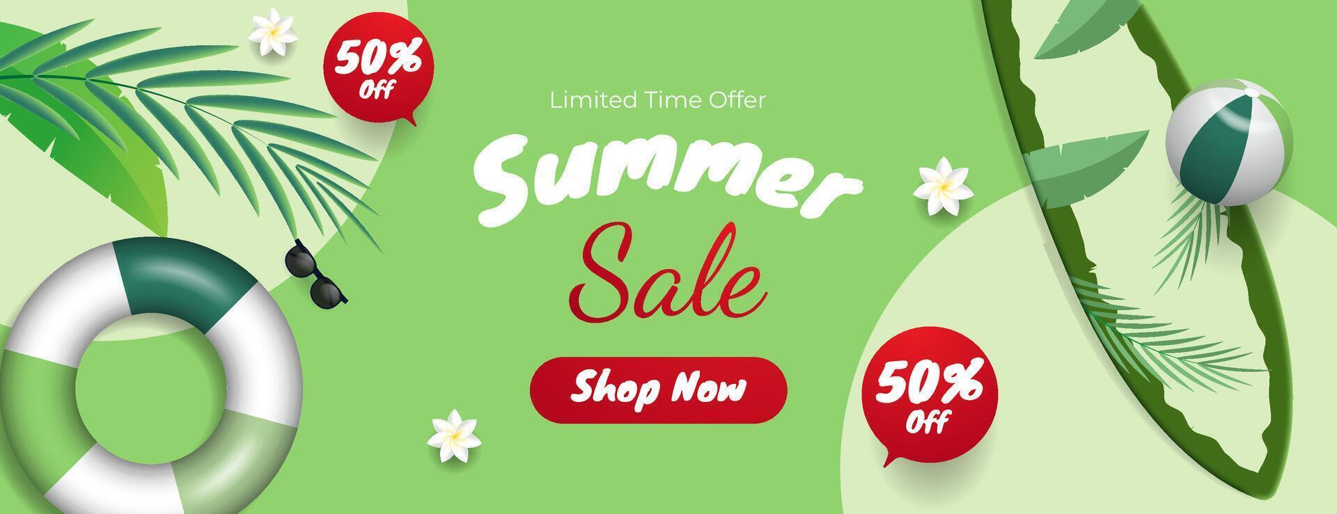 summer sale banner design with beach ornament and leaves on green background vector