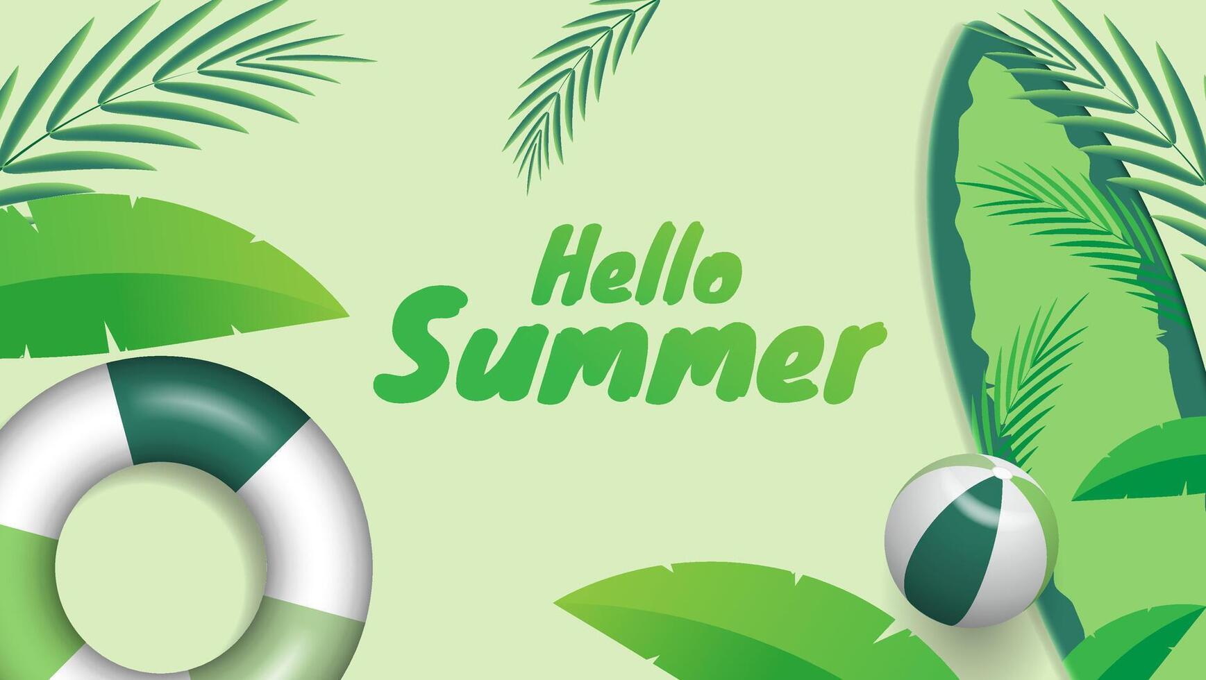 Hello summer background with leaves, surfing board, lifebuoy and beach ball in green color vector