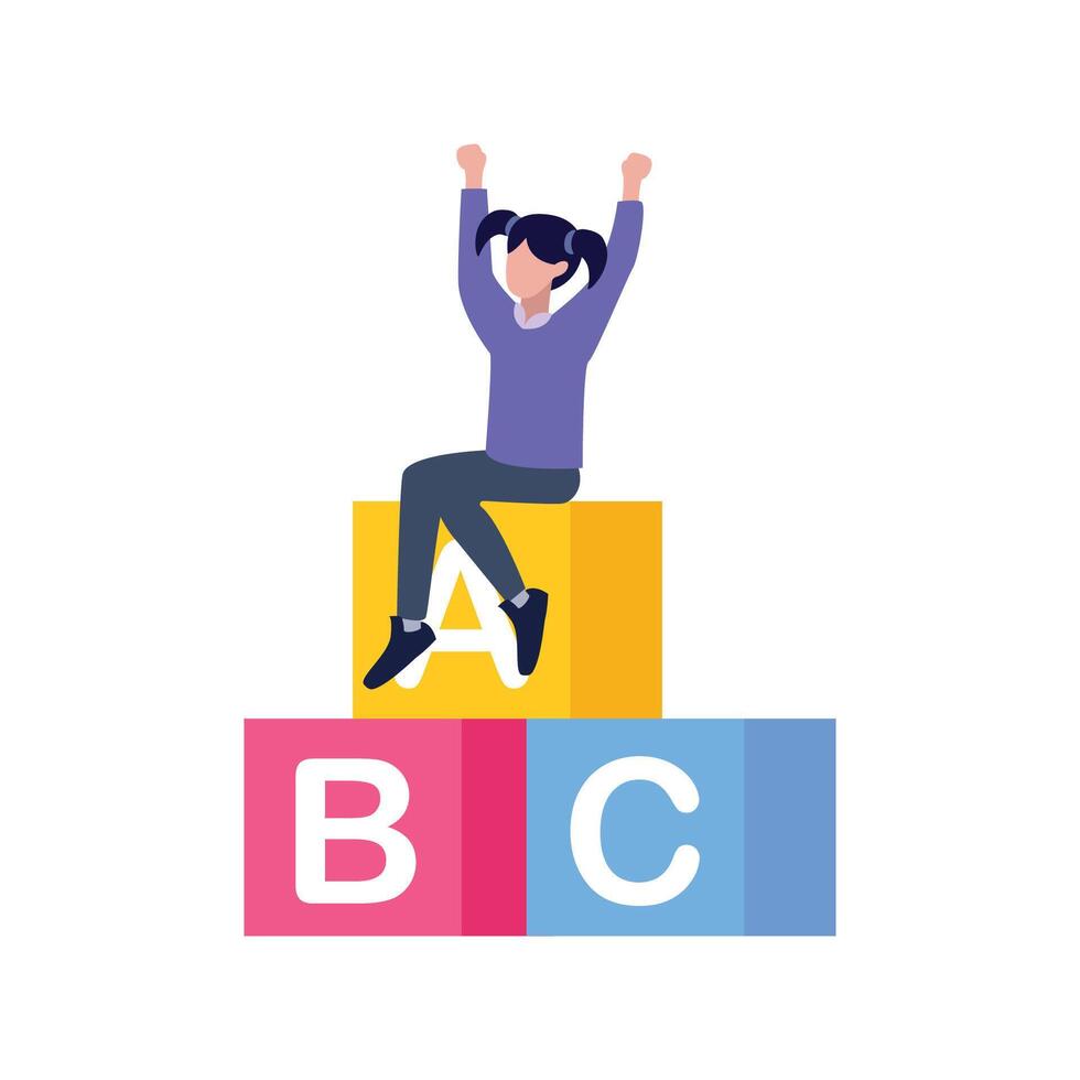 Girl sitting on alphabet blocks toy vector