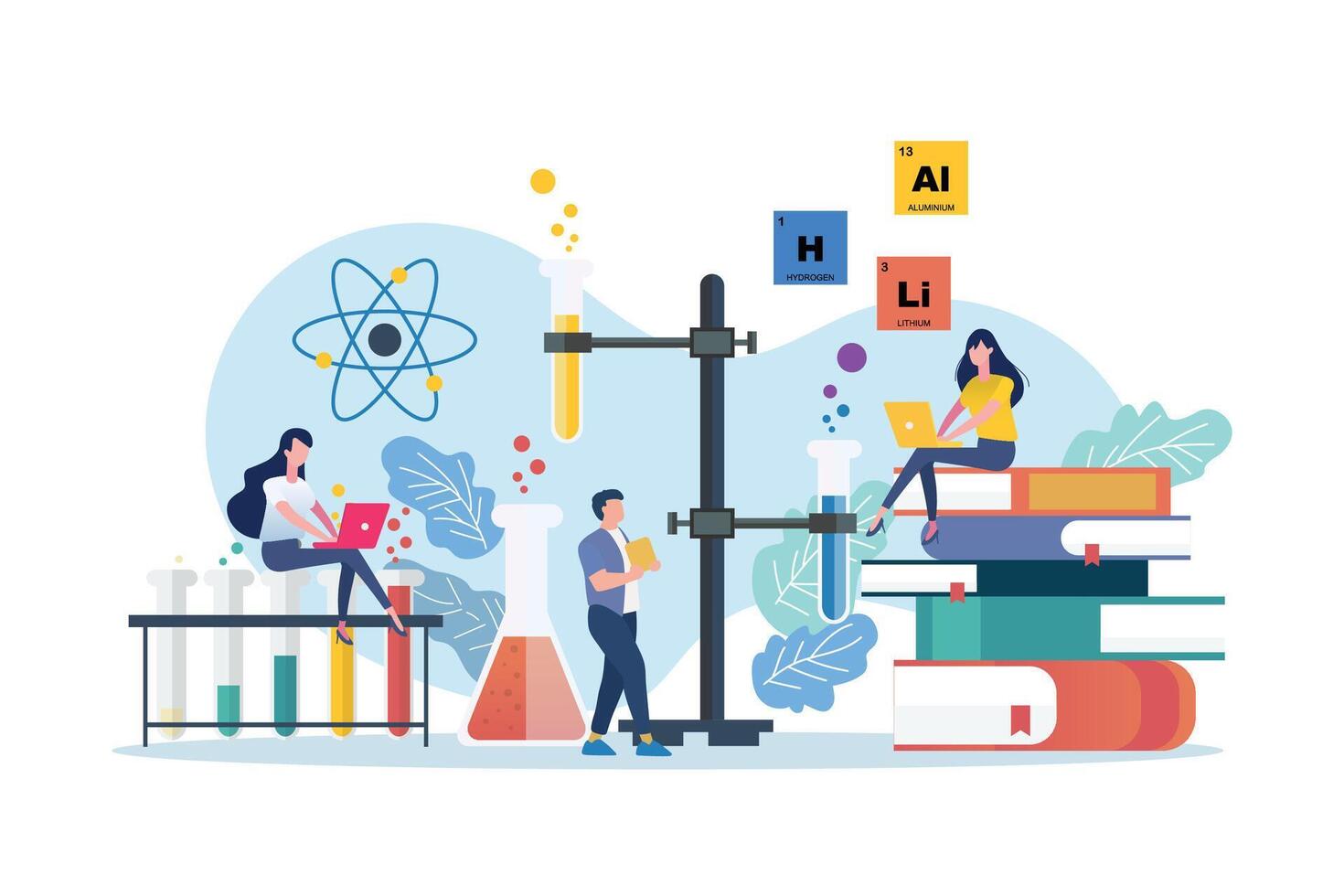Chemistry scene with miniature people vector