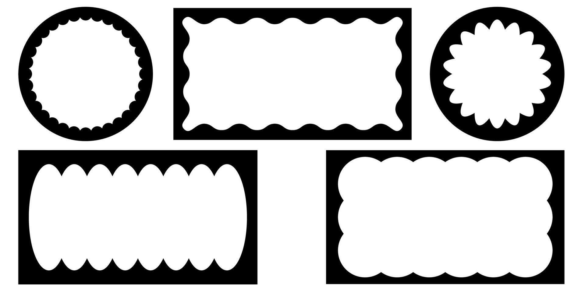 Hand drawn lace inner scalloped frames. Square, round and rectangle scalloped frames vector