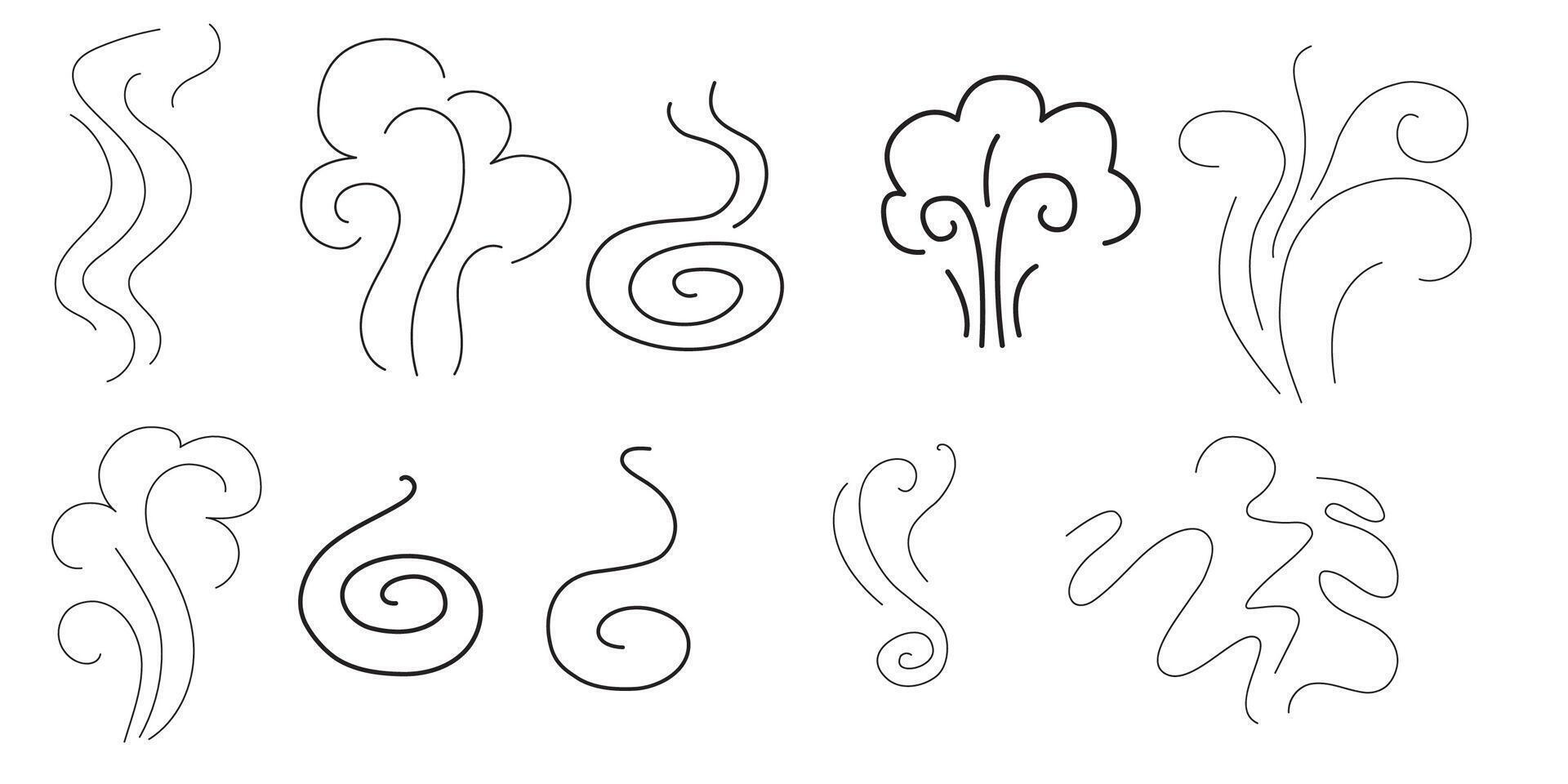 Steam and smoke lines icons set. Air wind and scent linear collection, heat waves or aroma from cooking food and hot coffee, gas and fumes. Steam swirls icons of doodle style illustration vector