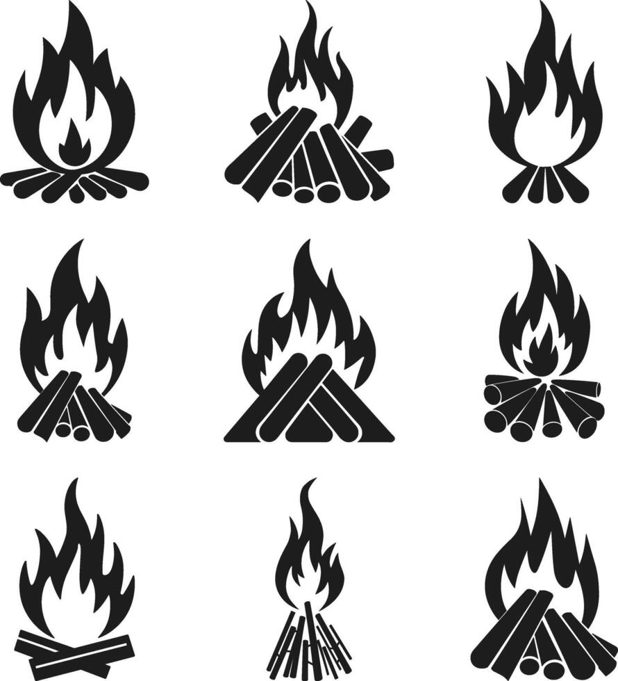 Campfire Silhouette Set - Collection of Bonfire and Firewood Illustrations vector