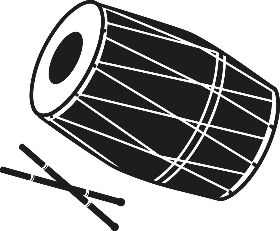 Traditional Dhol Drum Silhouette with Drumsticks - Folk Percussion Instrument vector