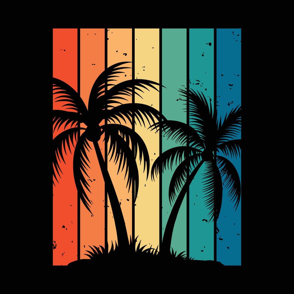 Tropical Palm Silhouette with Retro Gradient Striped Background vector