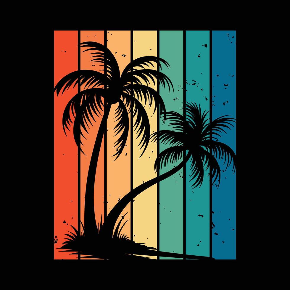 Tropical Palm Tree Silhouette on Retro Gradient Stripes vector