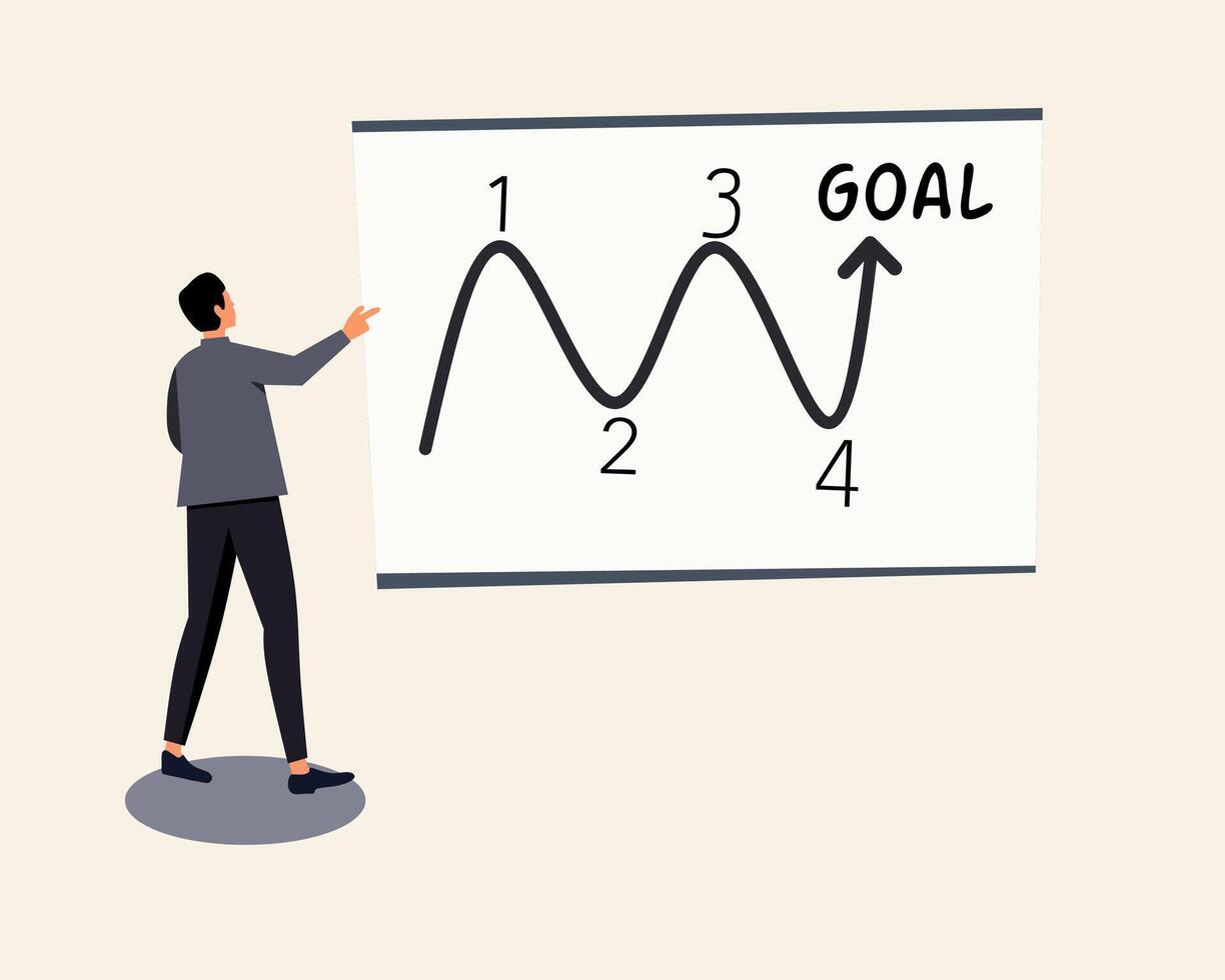 business strategy concept illustration of a man presenting a goal achievement diagram on a whiteboard. Ideal for success planning, motivation, leadership, and teamwork vector