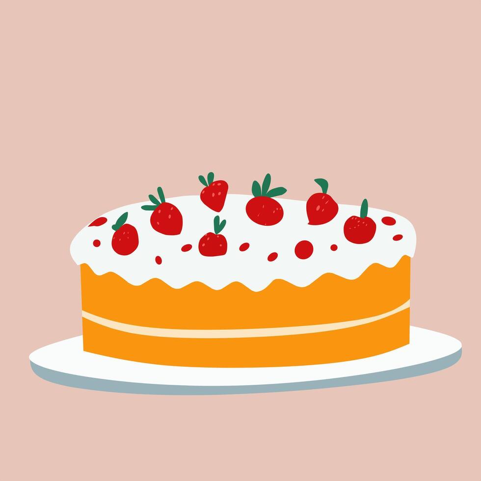 Delicious strawberry cake with whipped cream icing, perfect for celebrations, birthdays, and special occasions. A beautifully decorated dessert illustration for bakery and food themes vector