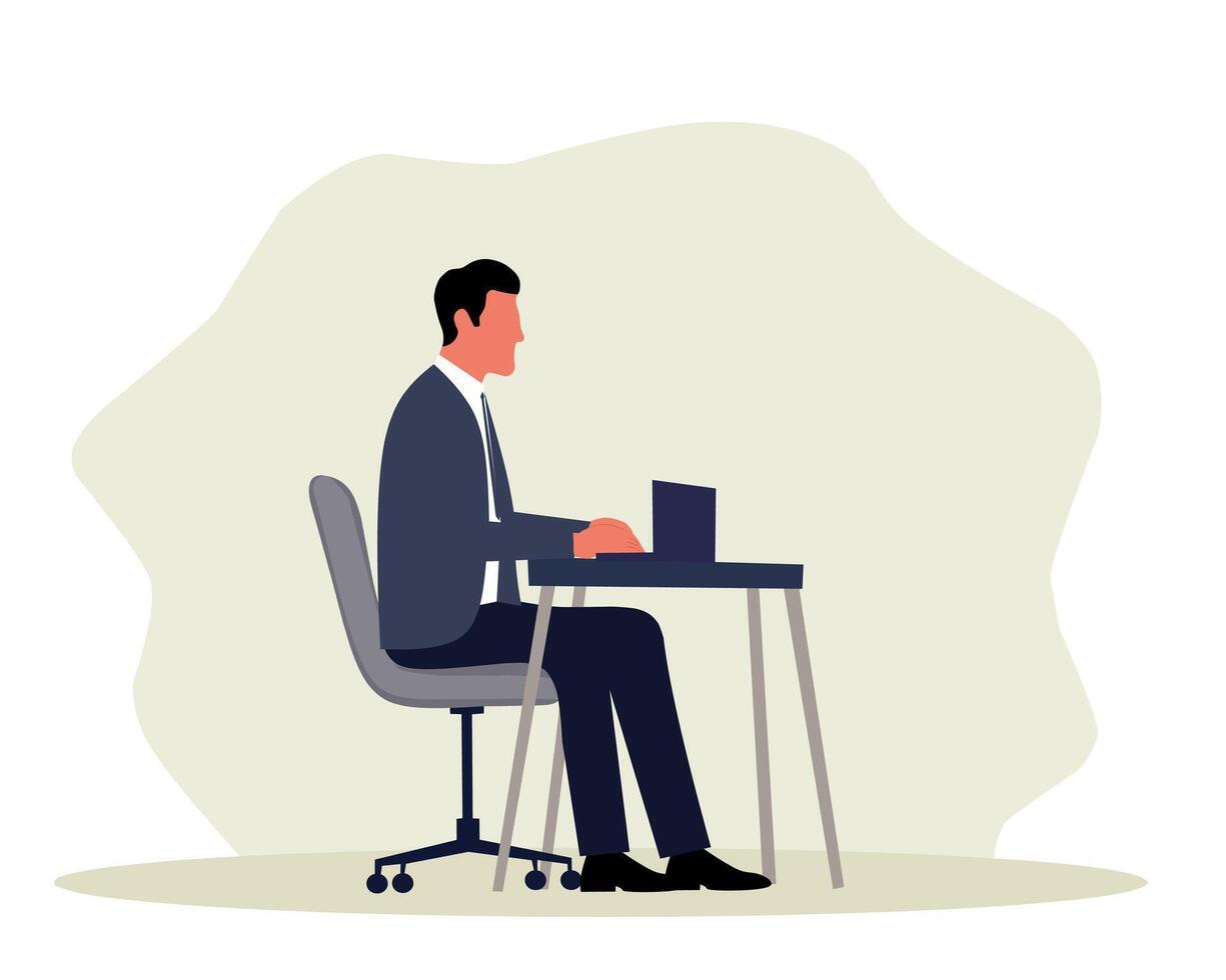 Businessman in formal attire working on a laptop at a desk. Perfect for themes of corporate work, career development, office productivity, and professional life vector