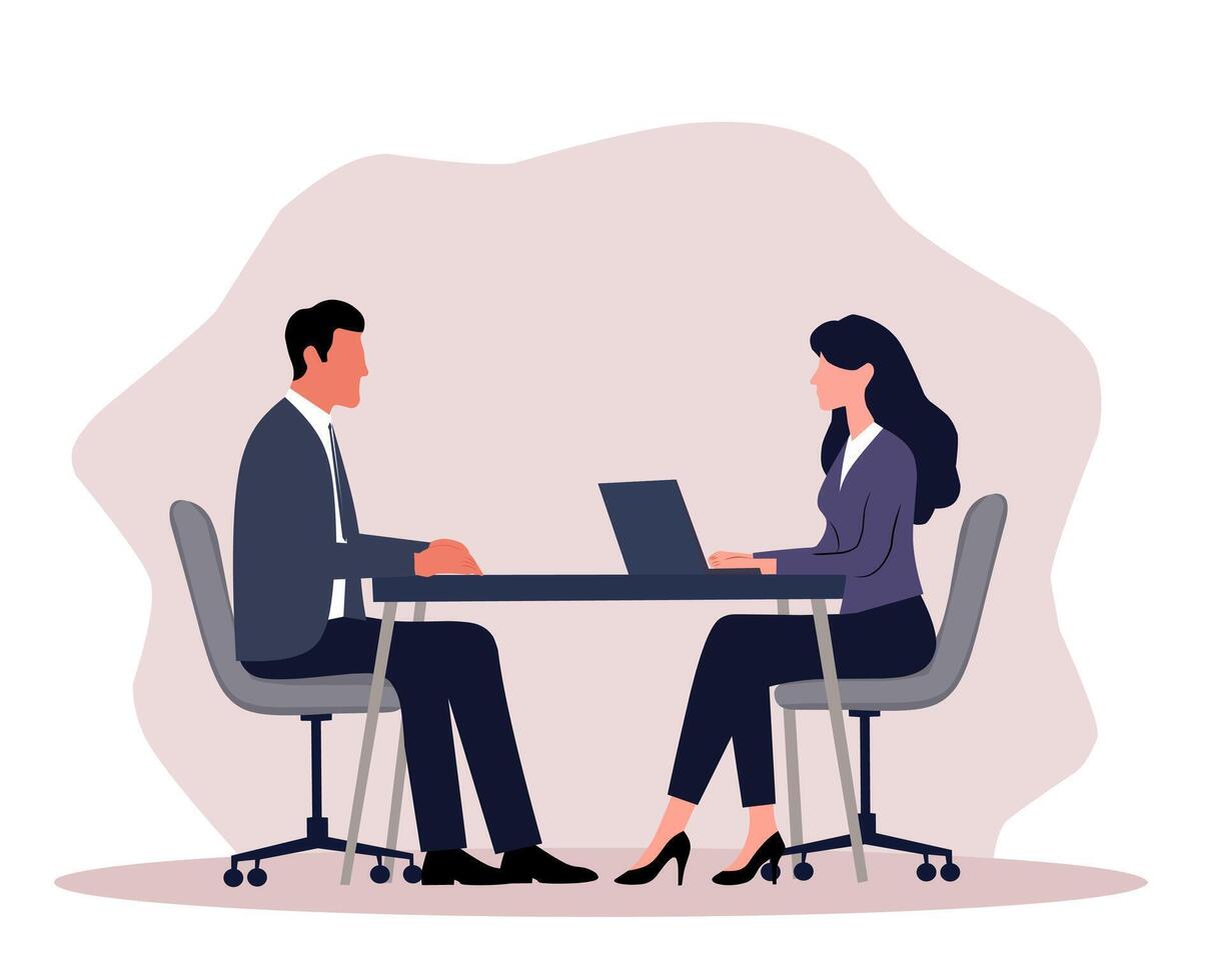 Professional job interview illustration featuring a man and woman in a formal office setting. Perfect for career, recruitment, HR, business, and corporate concepts vector
