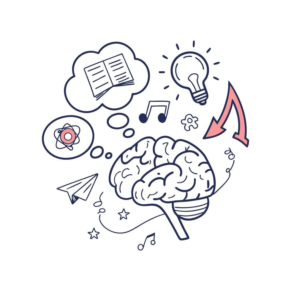 Brain and other objects with a light bulb and other items vector
