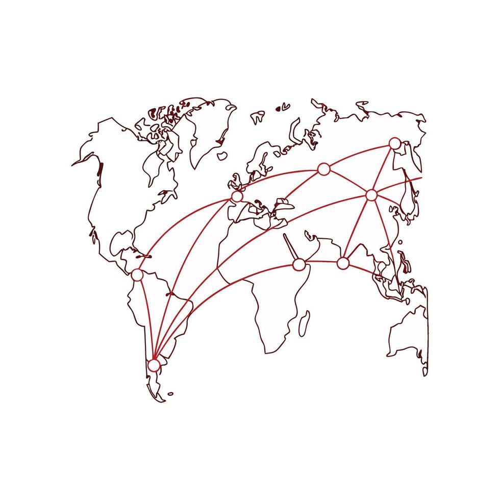 A map with red lines connecting different countries vector